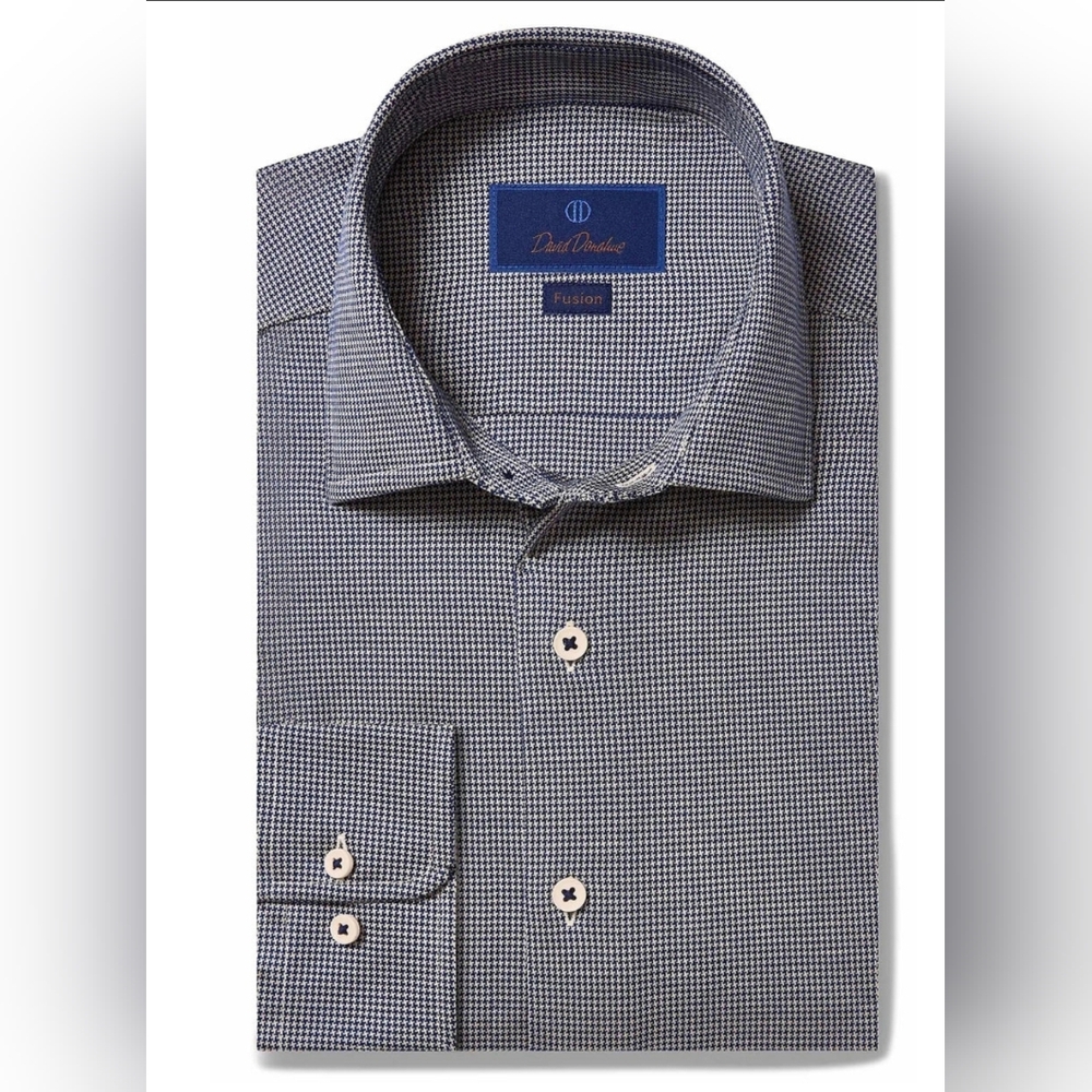 David Donahue Fusion Houndstooth Navy Button Up Long Sleeve Shirt Size 16.5 NWT